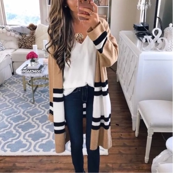 Topshop Sweaters - TOPSHOP Tan Colorblock Stripe Maxi Cardigan